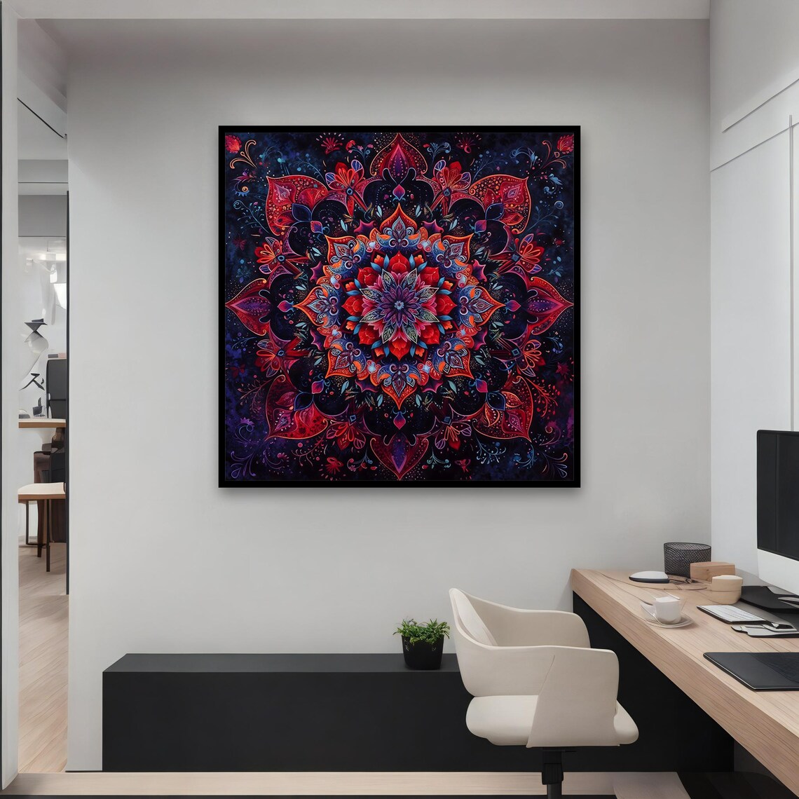 Vivid Red Purple Mandala On Dark Navy Glowing Bohemian Zen Wall Poster - Image 4