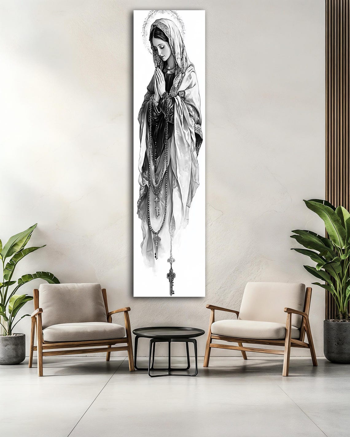 Virgin Mary Praying Rosary Black White Religious Vertical Art Poster - Image 2