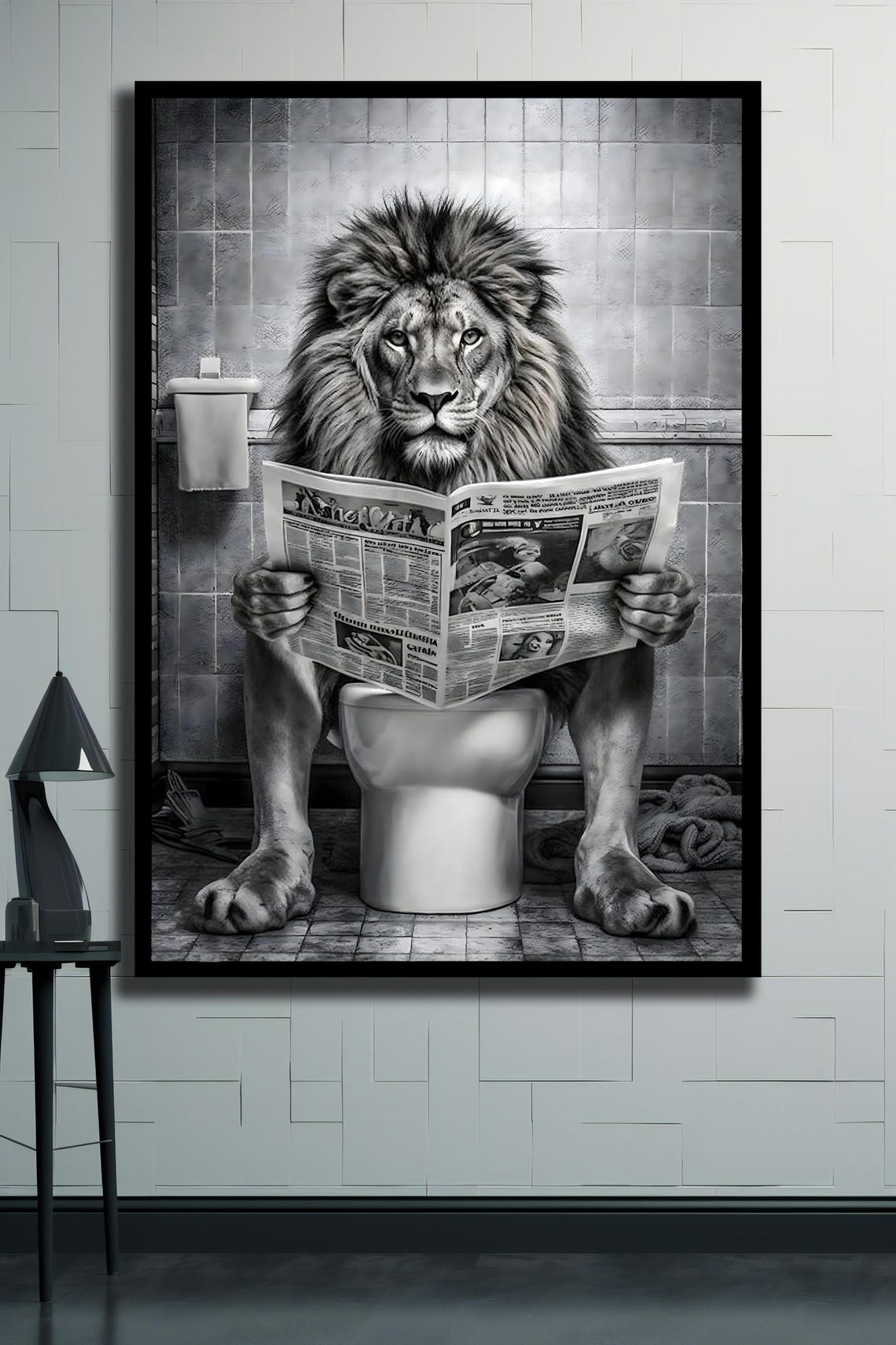 Funny Lion Reading Newspaper On Toilet Black White Bathroom Poster - Image 2