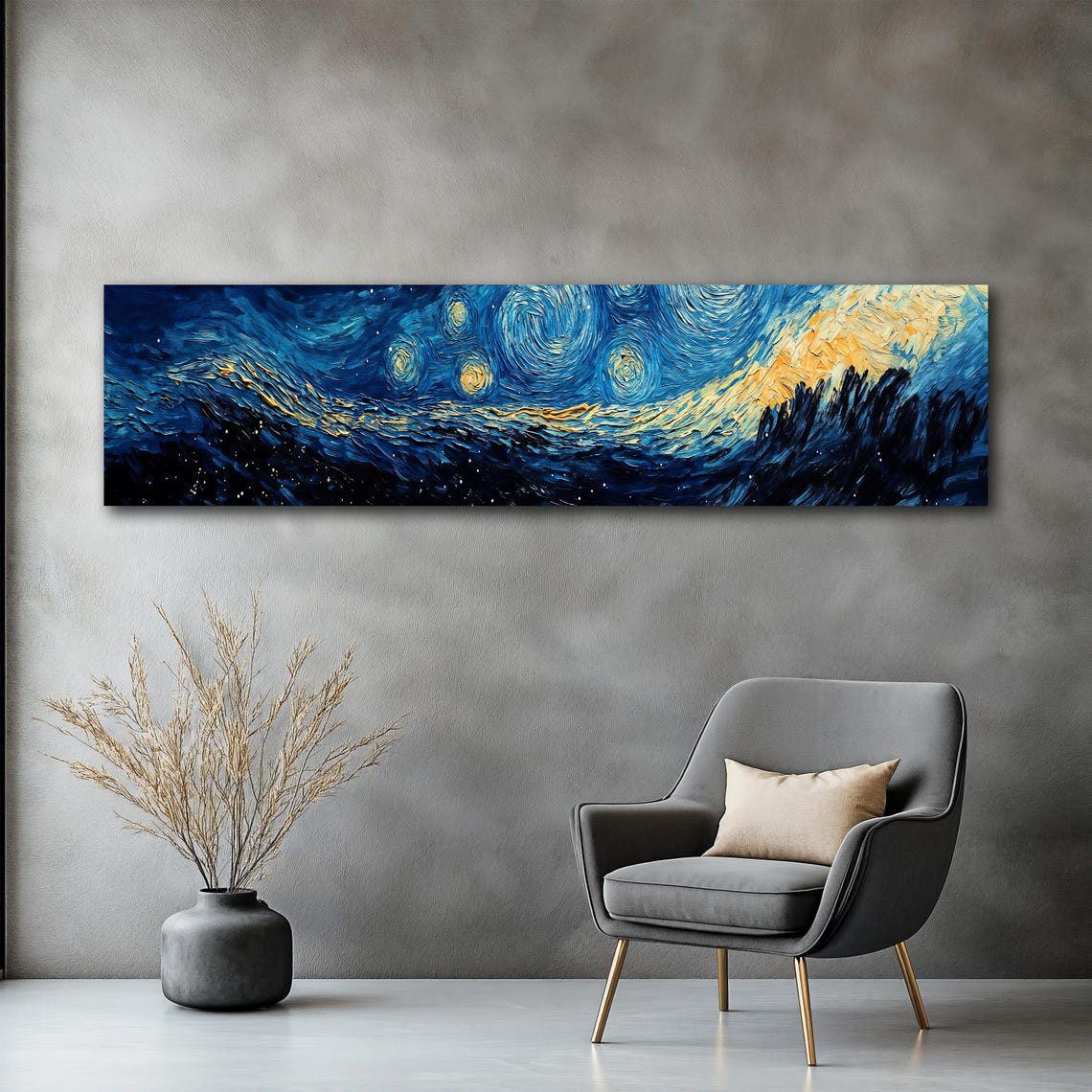 Starry Night Swirling Blue Gold Panoramic Impressionist Art Poster - Image 2