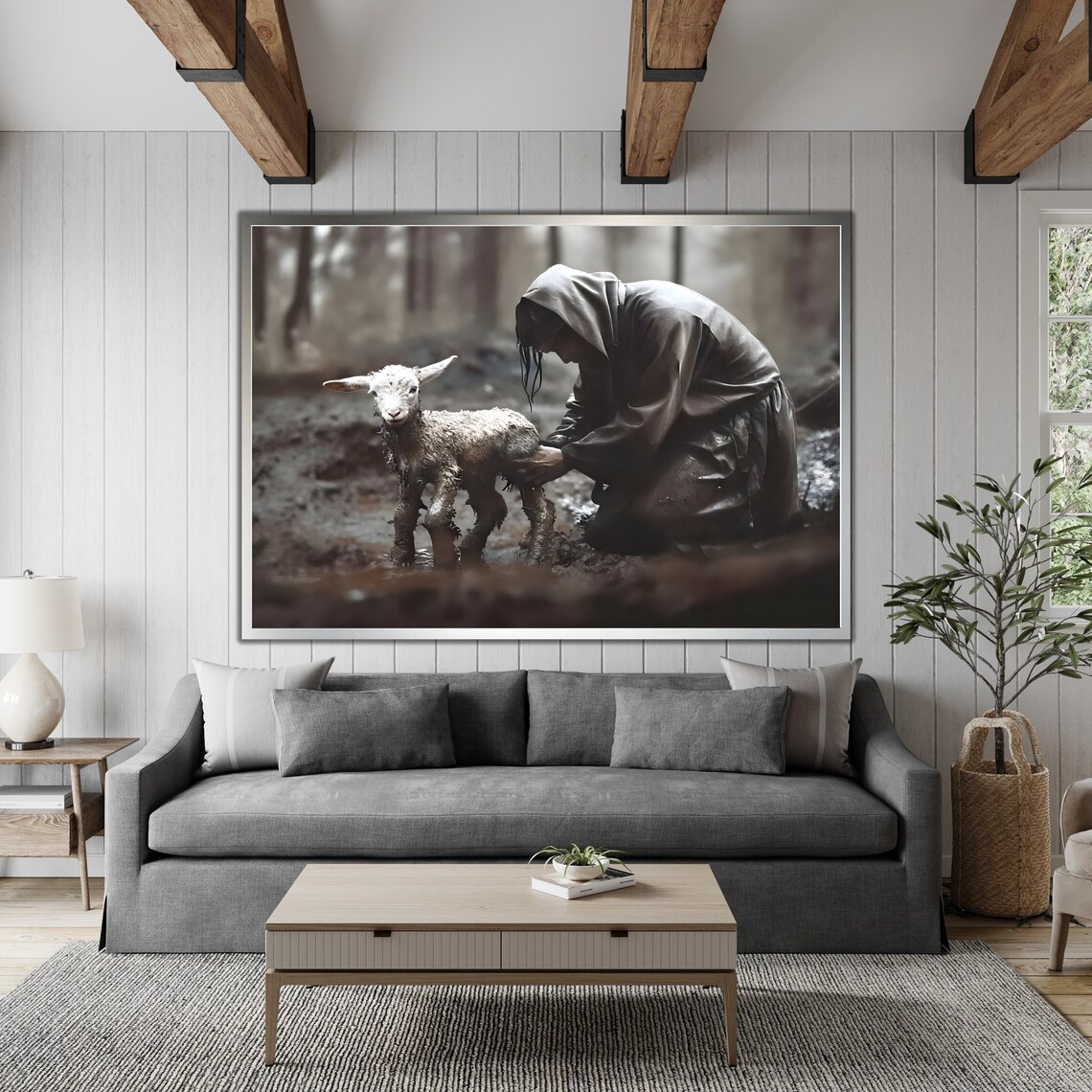 Jesus Cleansing The Muddy Lamb Hooded Figure Moody Christian Art Poster - Image 4