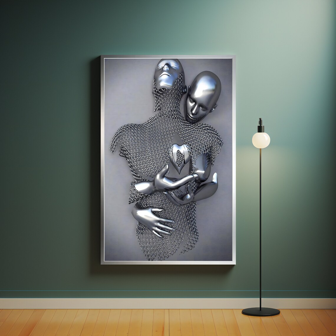 Silver 3D Metallic Couple Hugging Sculpture Modern Love Wall Art - Image 4