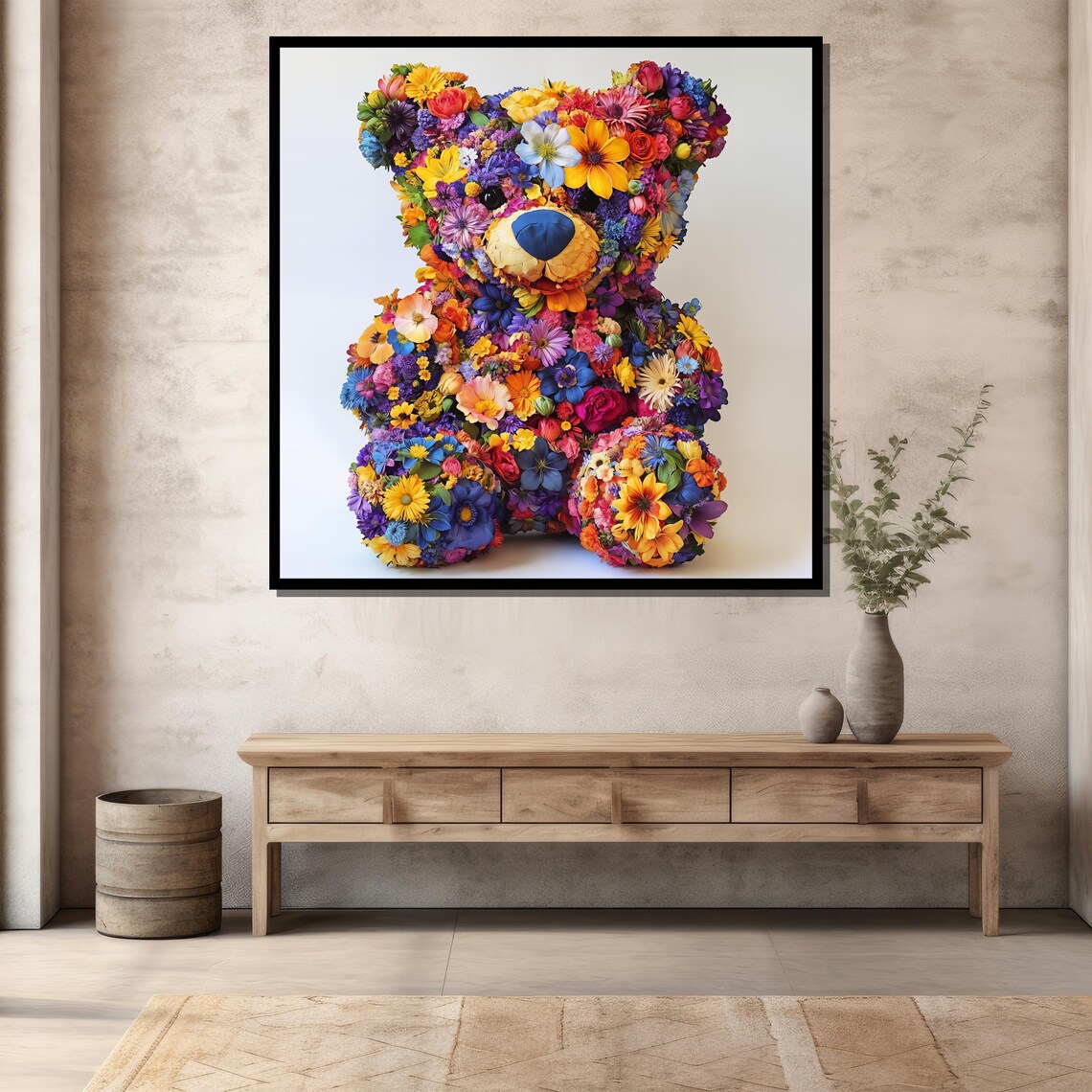 Colorful Floral Teddy Bear Blooming Flowers Nursery Kids Room Poster - Image 3