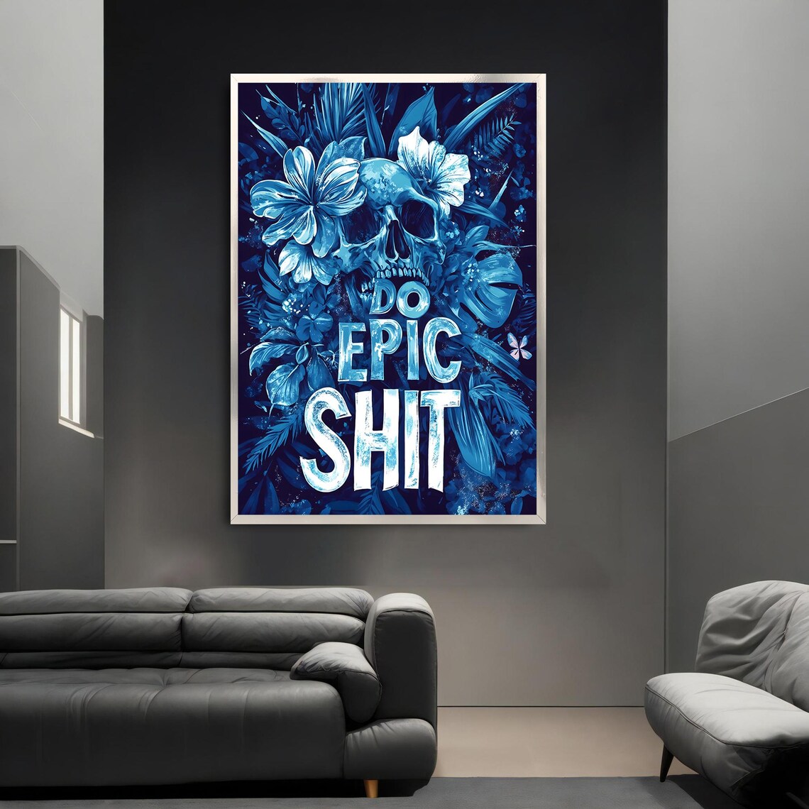 Blue Floral Skull Do Epic Shit Motivational Quote Wall Art Poster - Image 3