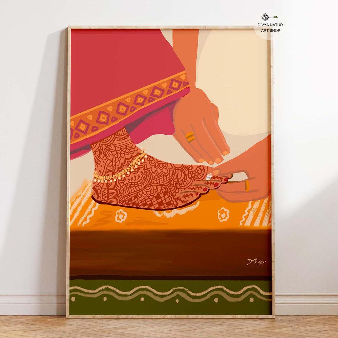 Indian Bride Henna Feet with Gold Anklet Traditional Wall Art