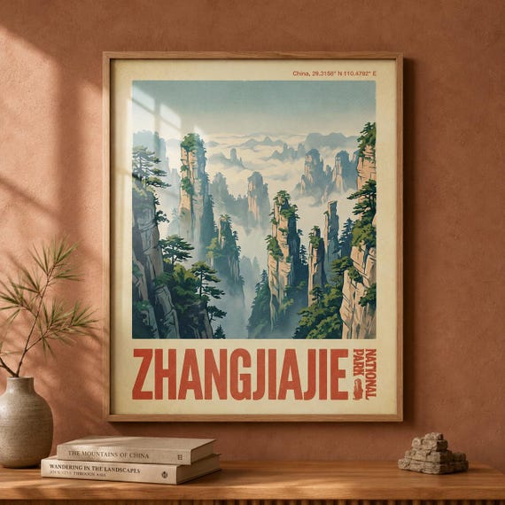 Zhangjiajie National Park Print Vintage China Travel Poster Avatar Mountains Wall Art