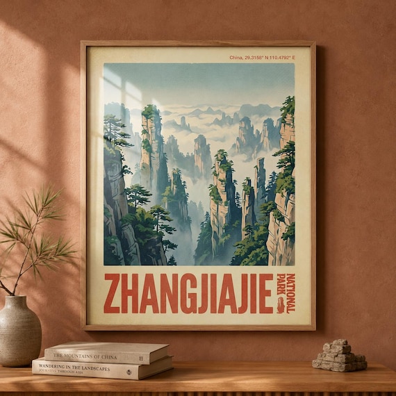 Zhangjiajie National Park Vintage China Travel Poster Mountain Peaks