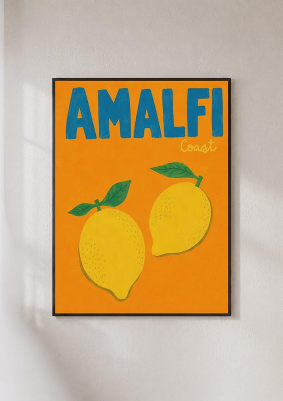 Amalfi Coast Lemon Poster Italy Travel Wall Art Retro Italian Print Orange Yellow Kitchen Decor