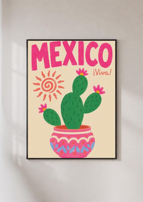 Mexico Viva Fiesta Colorful Prickly Pear Cactus Retro Travel Poster