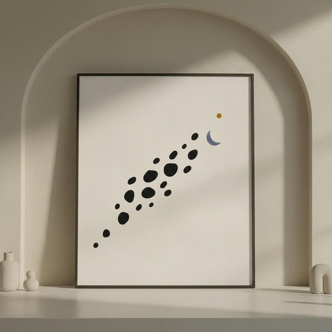 Minimalist Zen Stone Path Abstract Art Print with Moon and Gold Dot
