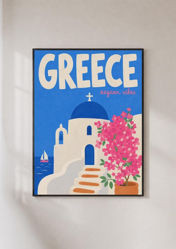Greece Aegean Vibes Santorini Blue Dome Church Retro Travel Poster