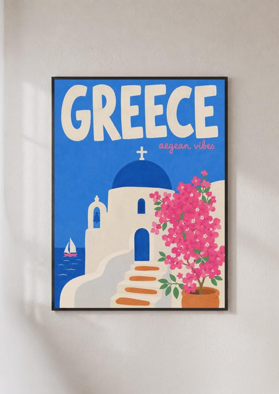 Greece Travel Poster Santorini Blue Dome Church Print Aegean Wall Art Greek Island Decor