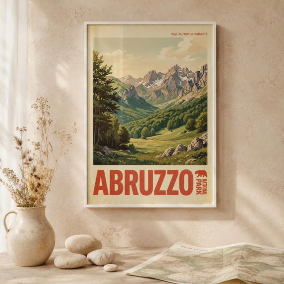 Abruzzo National Park Print Vintage Travel Poster Italian Mountain Landscape Wall Art