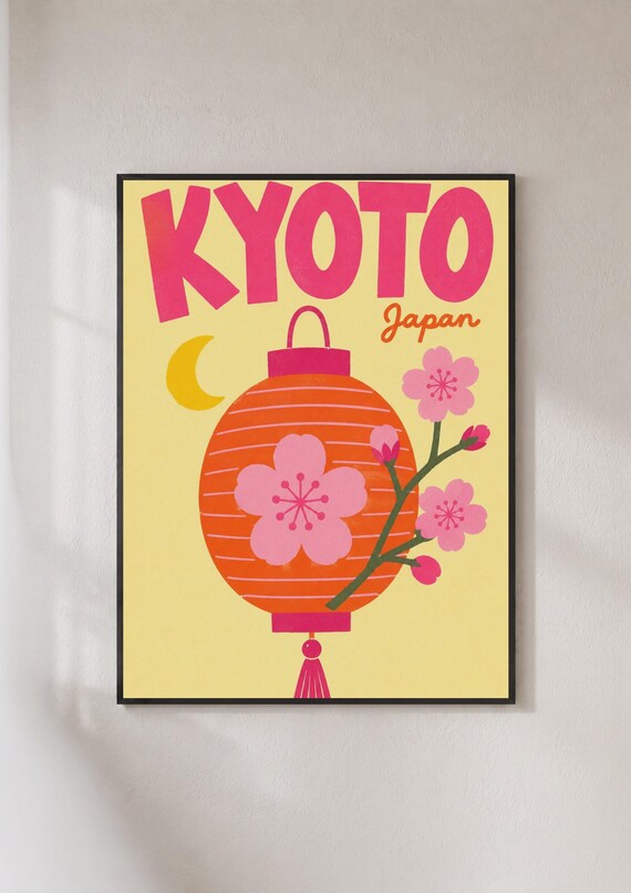 Kyoto Japan Retro Travel Poster Paper Lantern Cherry Blossom Decor