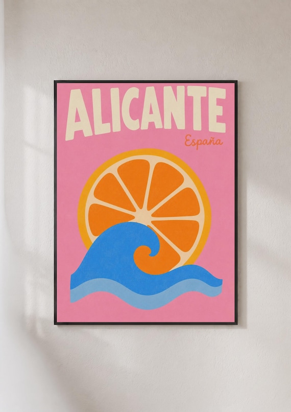 Alicante España Orange Slice Sun Wave Retro Spanish Coast Travel Poster