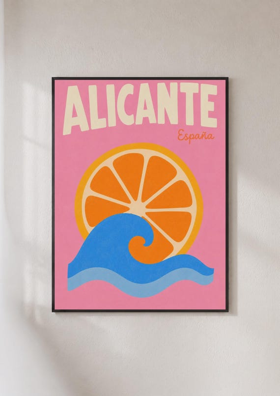 Alicante Spain Travel Poster Retro Spanish Coast Wall Art Pink Orange Wave Print