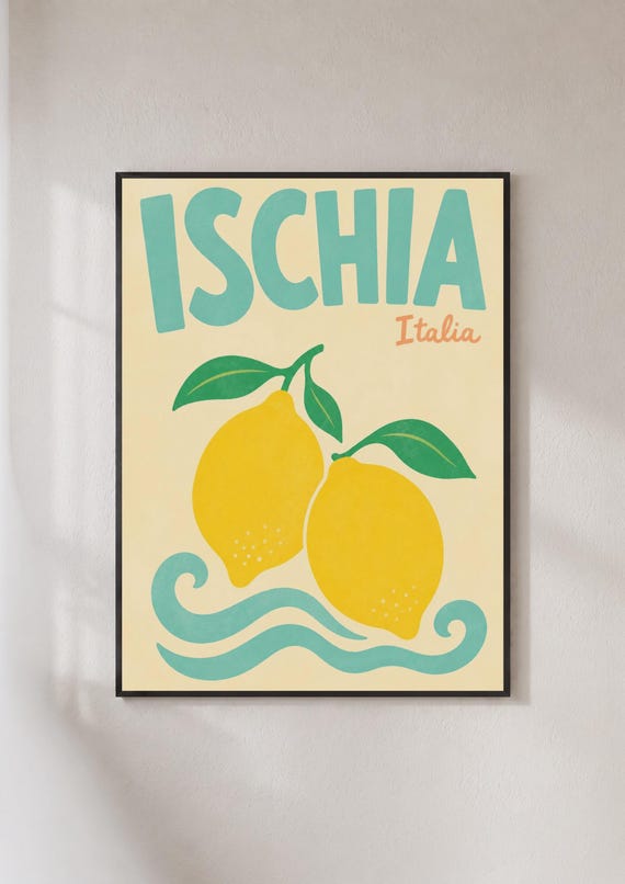 Ischia Italia Lemon Poster Italian Island Retro Travel Print Mediterranean Wall Art