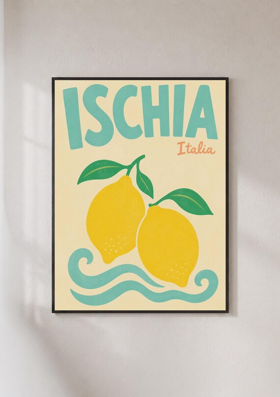 Ischia Italia Lemons Travel Poster Cream Retro Kitchen Art Decor
