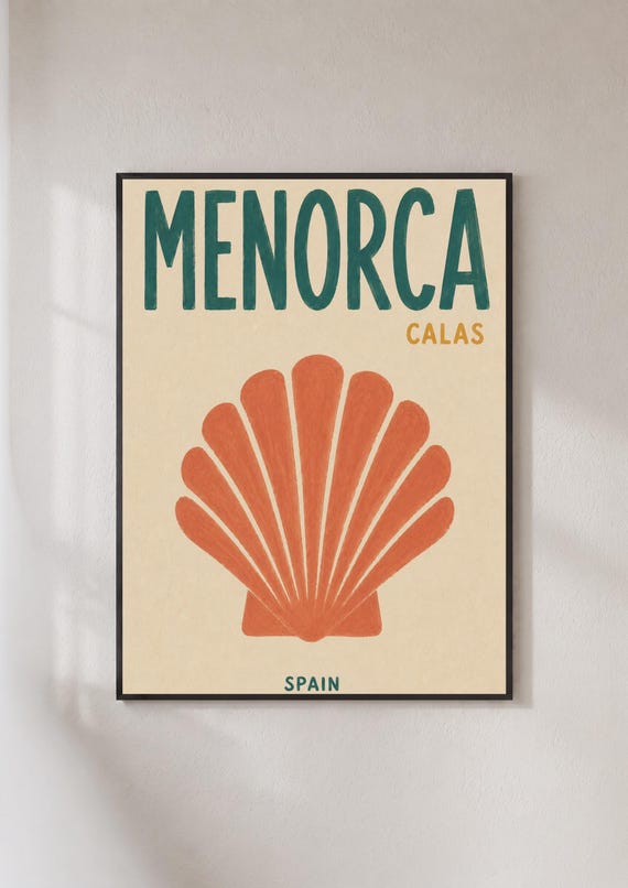 Menorca Calas Spain Travel Poster Retro Shell Wall Art Mediterranean Print