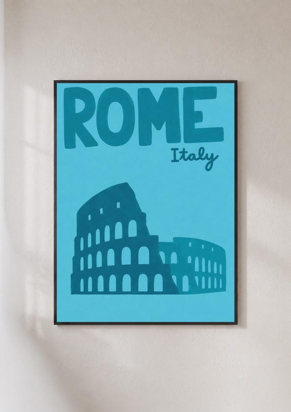 Rome Italy Travel Poster Colosseum Wall Art Teal Blue Retro Print Italian City