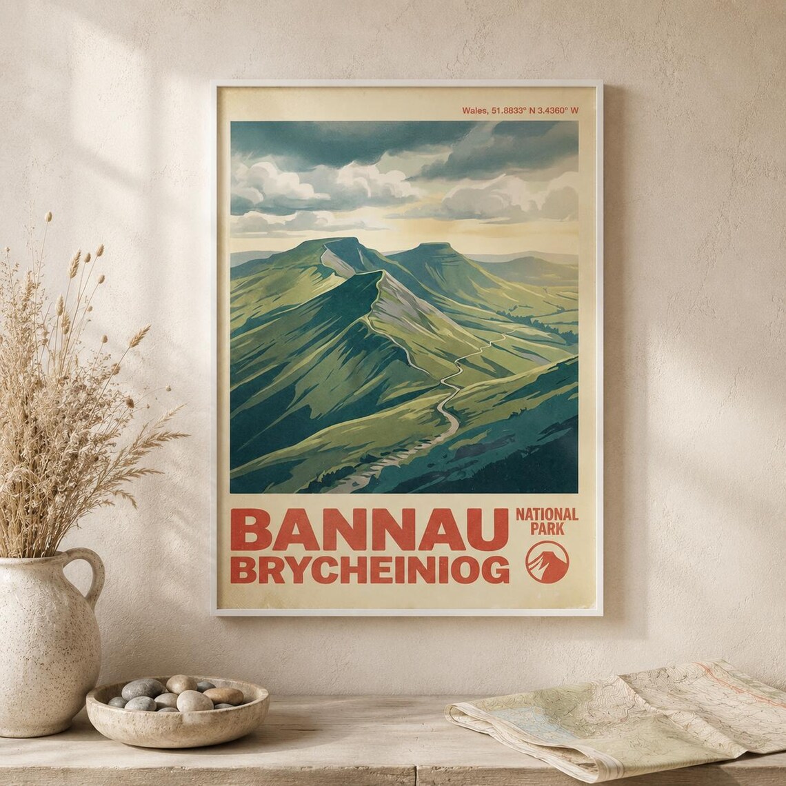 Bannau Brycheiniog Vintage Travel Poster, Mountain Landscape