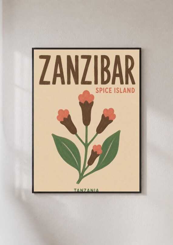 Zanzibar Spice Island Travel Poster Tanzania Wall Art Clove Plant Print Africa