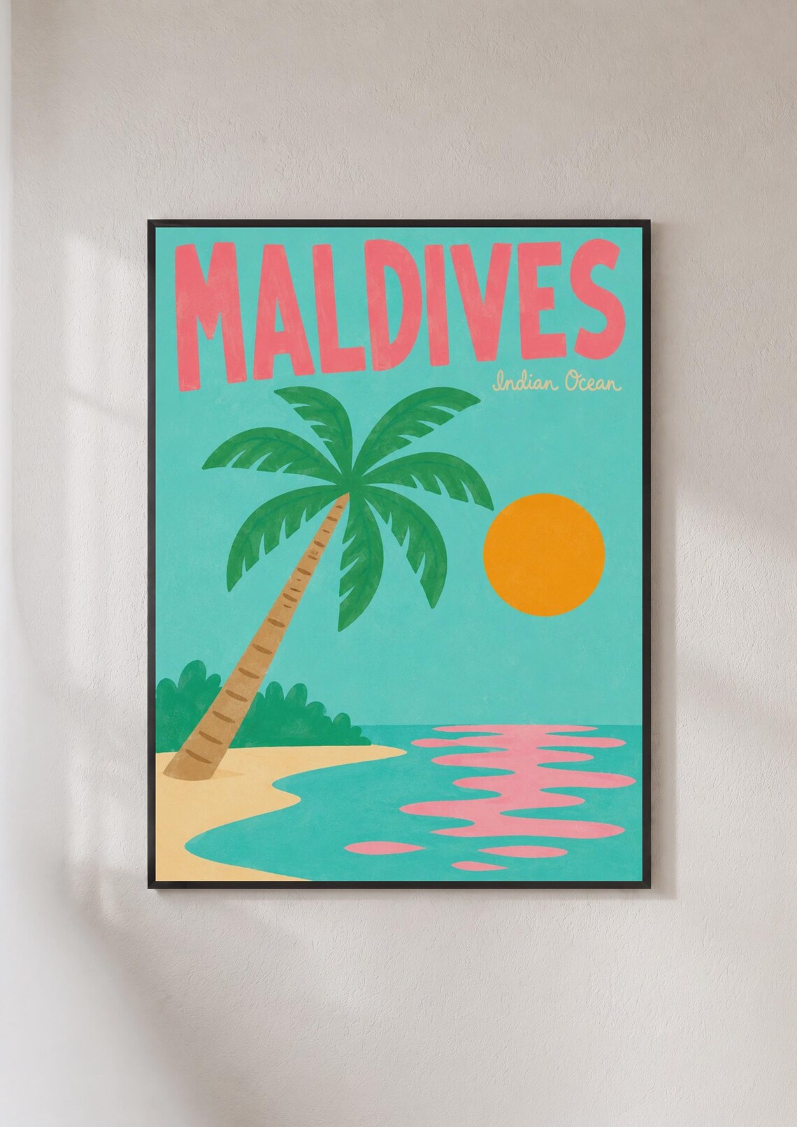Maldives Travel Poster, Retro Tropical Beach Art Print
