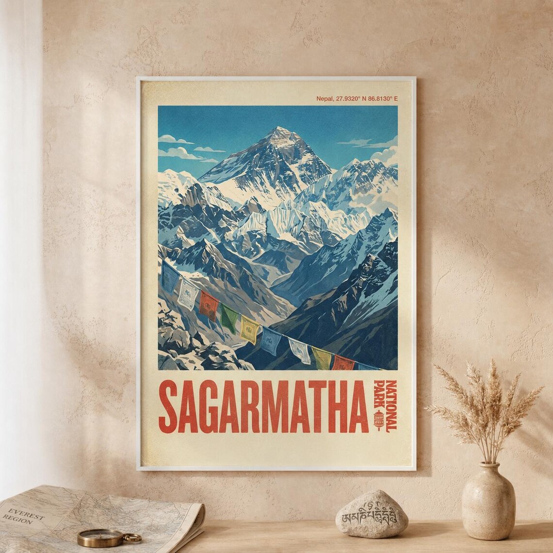 Sagarmatha National Park Mount Everest Vintage Travel Poster Nepal Prayer Flags