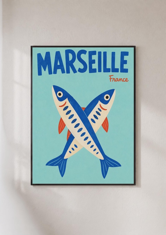 Marseille France Retro Sardine Fish Coastal Beach Travel Poster