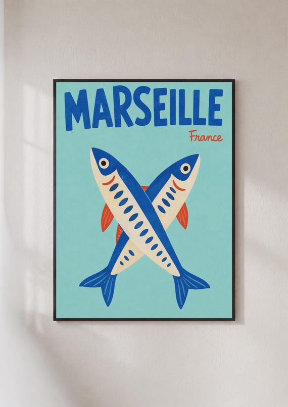 Marseille France Travel Poster Retro Sardine Fish Print French Coastal Wall Art