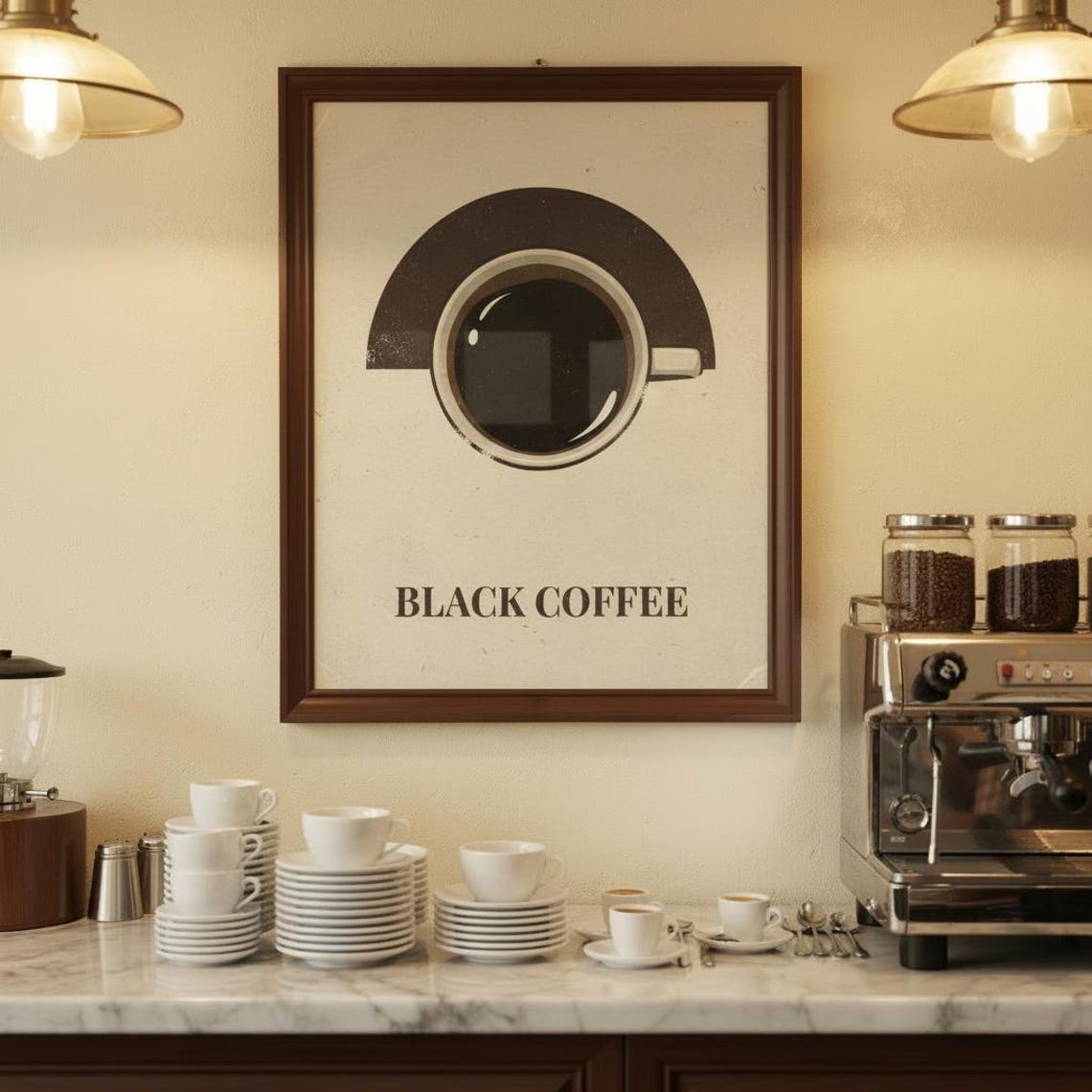Black Coffee Retro Top Down Cup Minimalist Kitchen Cafe Poster