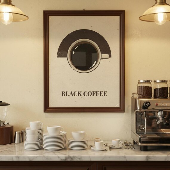 Black Coffee Retro Top Down Cup Minimalist Kitchen Cafe Poster
