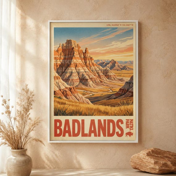 Badlands National Park Print Vintage South Dakota Travel Poster Prairie Landscape Wall Art