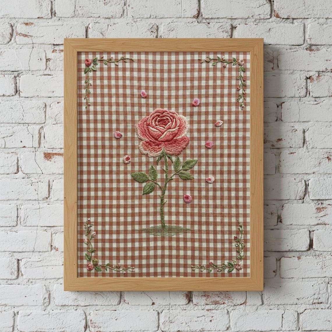 Embroidered Rose Art Print Cottagecore Botanical Wall Gingham Background
