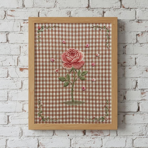 Pink Rose Embroidery on Brown Gingham Vintage Floral Art Print