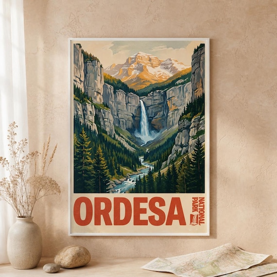 Ordesa National Park Spain Vintage Mountain Waterfall Travel Poster