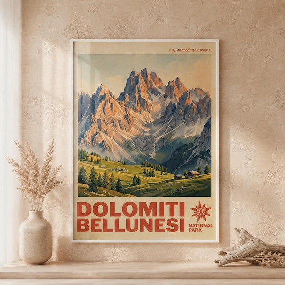 Dolomiti Bellunesi National Park Italy Jagged Peaks Vintage Poster