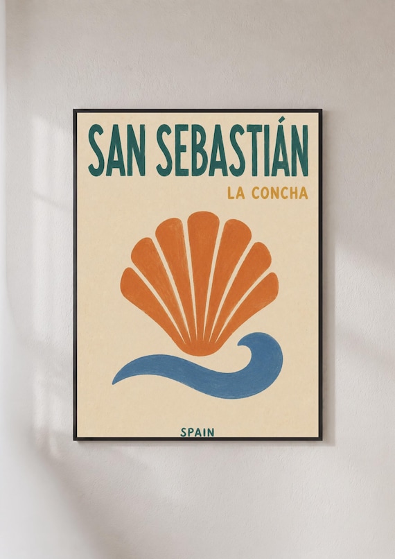 San Sebastian La Concha Spain Shell Wave Travel Poster Retro