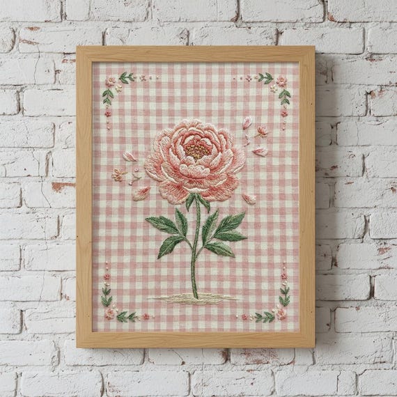 Embroidered Peony Flower Stem Art Print Cottagecore Botanical Wall
