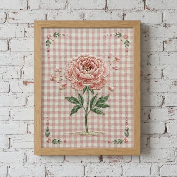 Pink Peony Embroidery on Blush Gingham Floral Thread Art Print