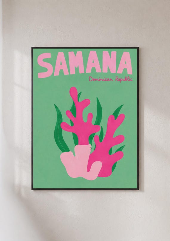 Samana Dominican Republic Travel Poster Coral Reef Wall Art Pink Green Caribbean Print