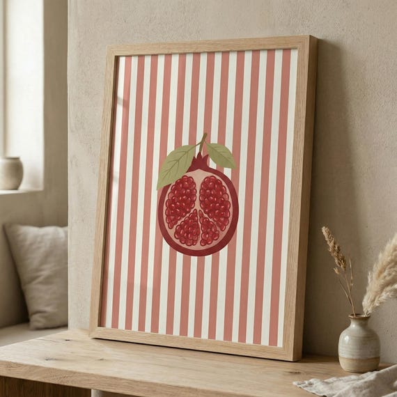 Pomegranate Print Red Stripe Minimalist Kitchen Wall Art Gallery Poster