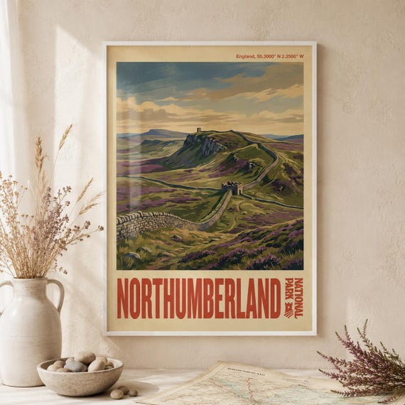 Northumberland National Park Print Hadrians Wall Vintage Travel Poster British Landscape Art
