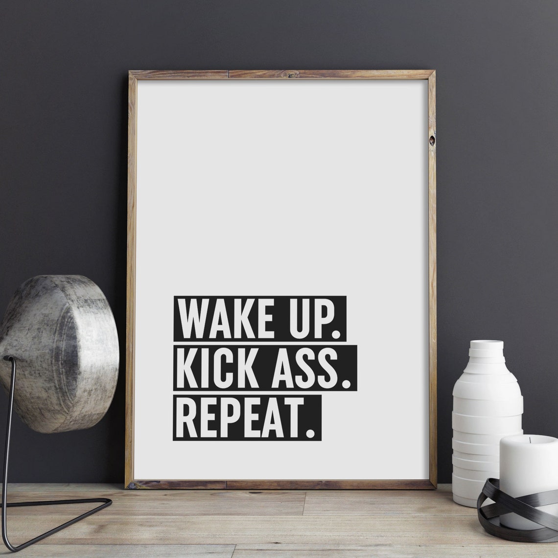 Wake Up Kick Ass Repeat Block Letter Motivational Gym Poster - Image 2