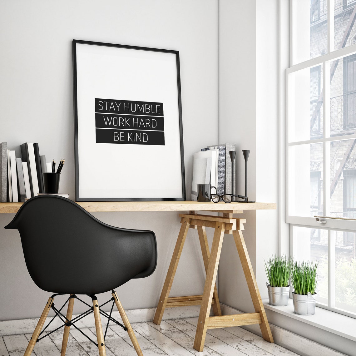Stay Humble Work Hard Be Kind Black Block Modern Quote Wall Art - Image 3
