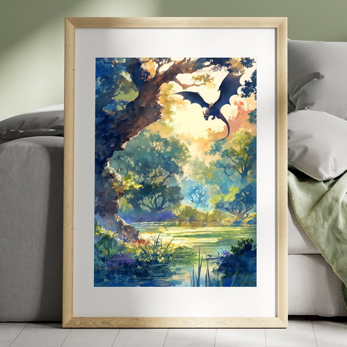 Forest Dragon Watercolor Poster, Dark Academia Fantasy