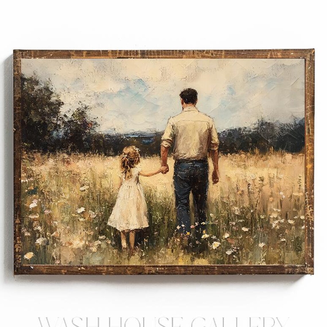 Father and Young Daughter Walking Hand in Hand in Meadow Poster