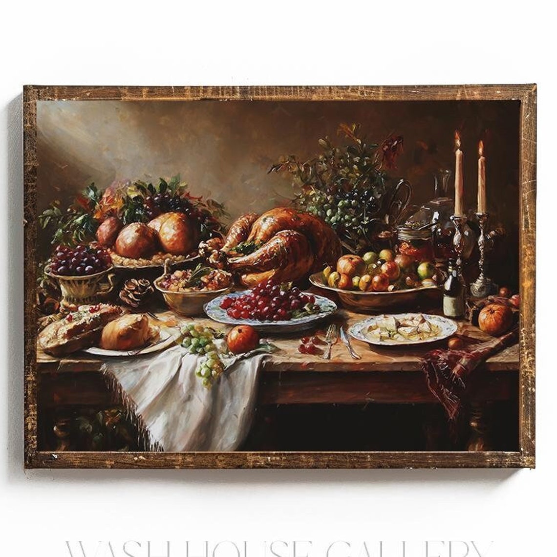 Thanksgiving Feast Still Life with Roast Turkey Fruit Table Poster