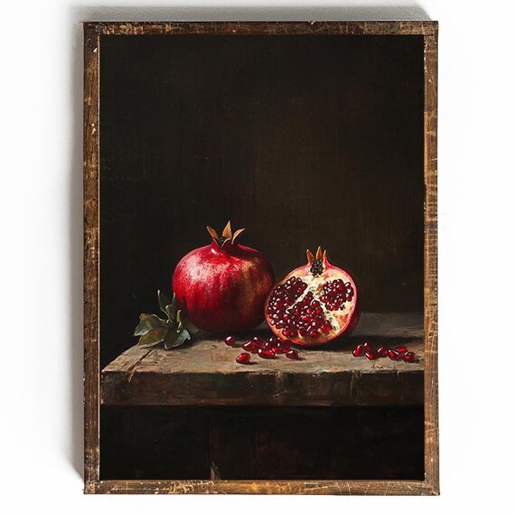 Pomegranate Print Dark Academia Kitchen Decor Dark Cottagecore Kitchen Wall Art For Kitchen Moody Kitchen Art Dark Fruit Oil Painting Fruit