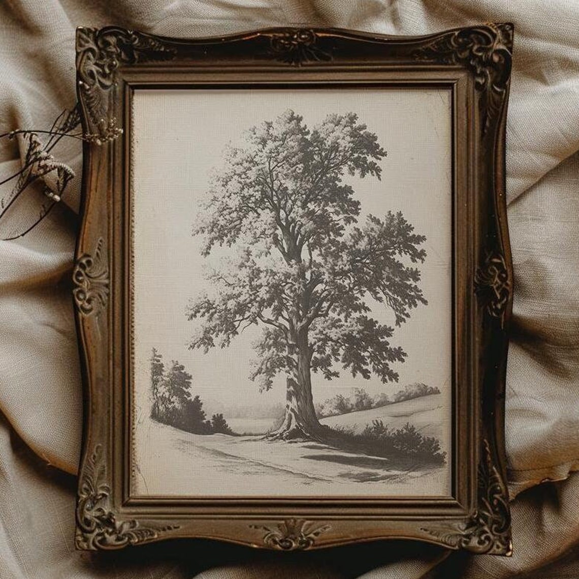 Majestic Oak Tree Vintage Engraving Style Botanical Sketch Poster